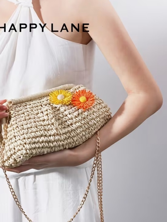 Happy Lane Beige Woven Straw Daisy Flower Clasp Crossbody Bag Gold Chain NWT - Picture 2 of 9